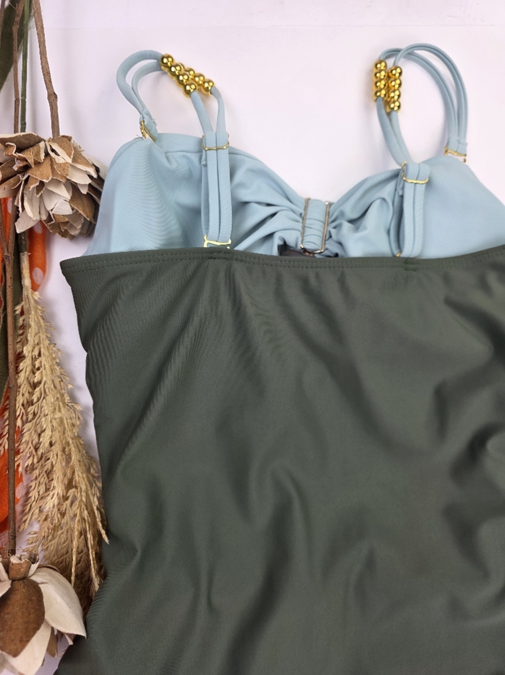 Stacked One-Piece Swimsuits with Gem Accents - Sage, Mint, Olive Sz L - Picture 9 of 16